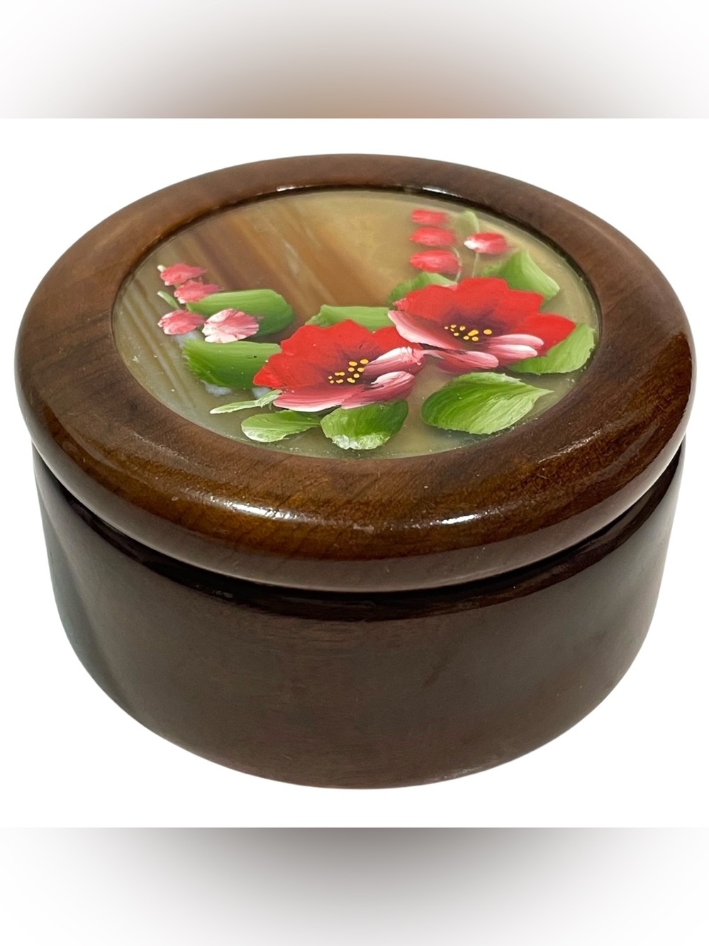 Vintage 1970s Woodstones Natural Agate Stone Inlaid Round Trinket Box Brazil